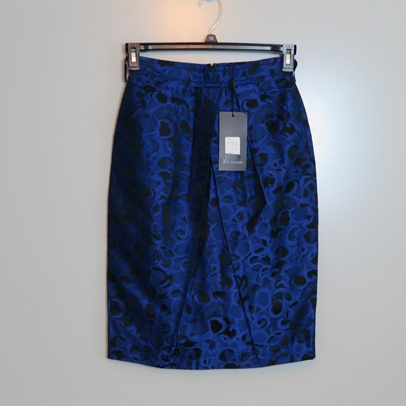 NWT St. John Cobalt/Caviar Evening Satin-Sheen Skirt Size 2 MSRP $695